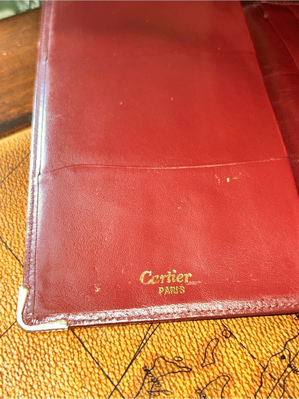 Vintage Cartier Bordeaux Burgundy Leather Long Wallet with Gold Corners -EUC- - Picture 10 of 16